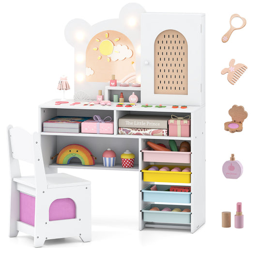 Kids Vanity with Lights Princess Vanity Table and Chair Set with 5 Drawers and 2 Compartments shown with accessories