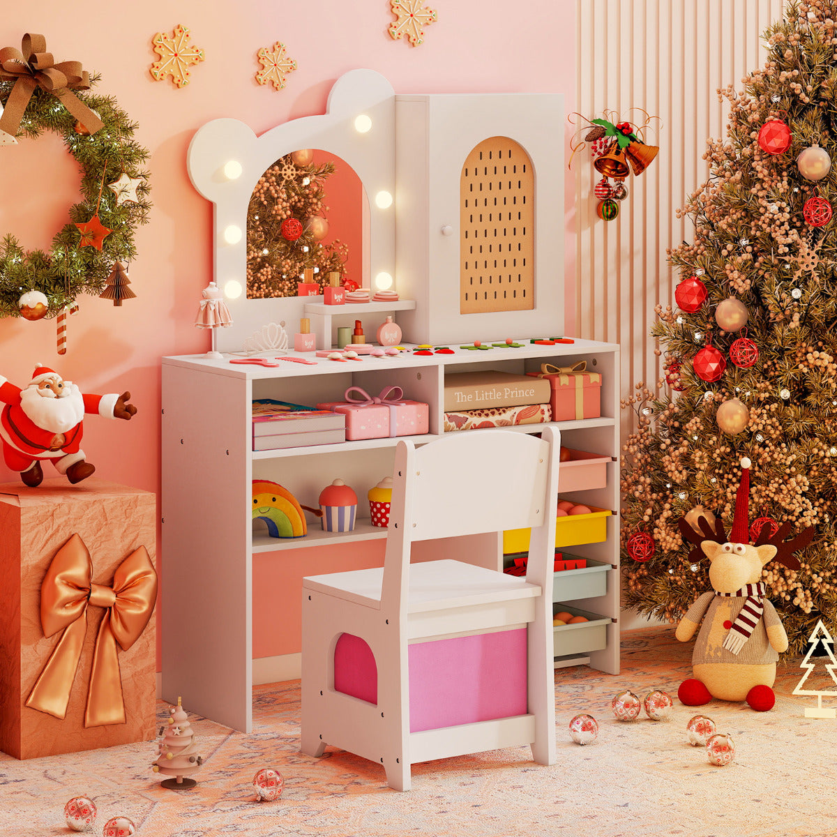 The kids vanity set displayed in a festive Christmas room setting with decorations