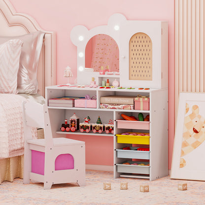 The kids vanity set styled in a bedroom with toys and books on the shelves