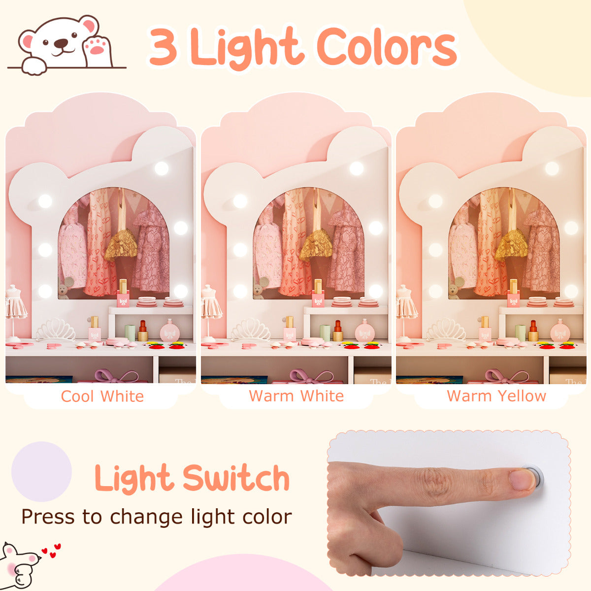The kids vanity mirror showing three different light colour settings and a finger pressing the switch