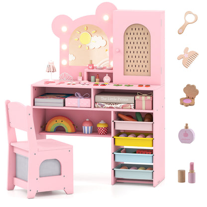 Kids Vanity with Lights Princess Vanity Table and Chair Set with 5 Drawers and 2 Compartments in pink