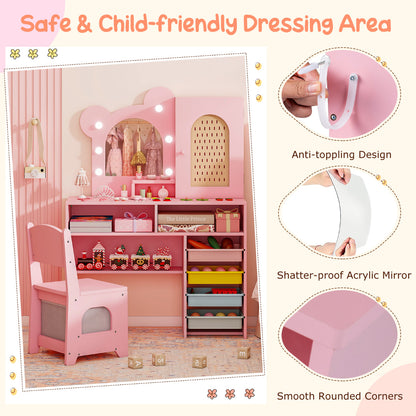 Close up of the pink dressing table with lights, showing safety features