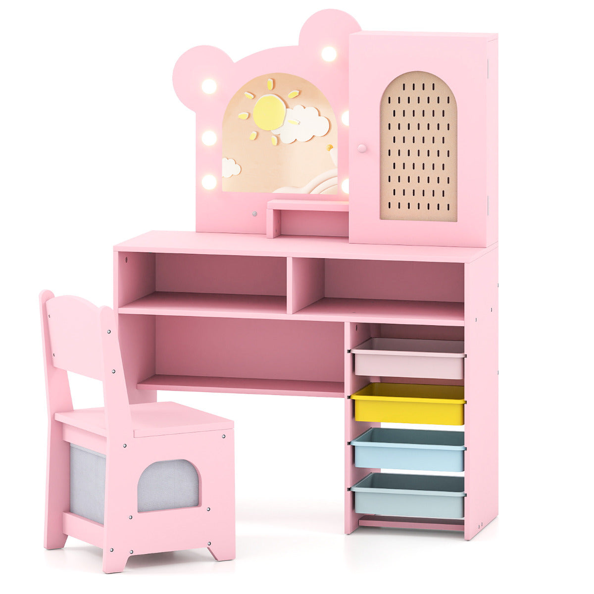 Pink dressing table with lights and chair, showing the storage drawers