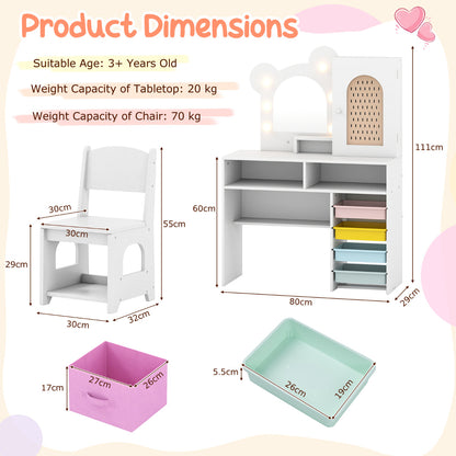 The kids vanity set with labels showing the dimensions of the table and chair