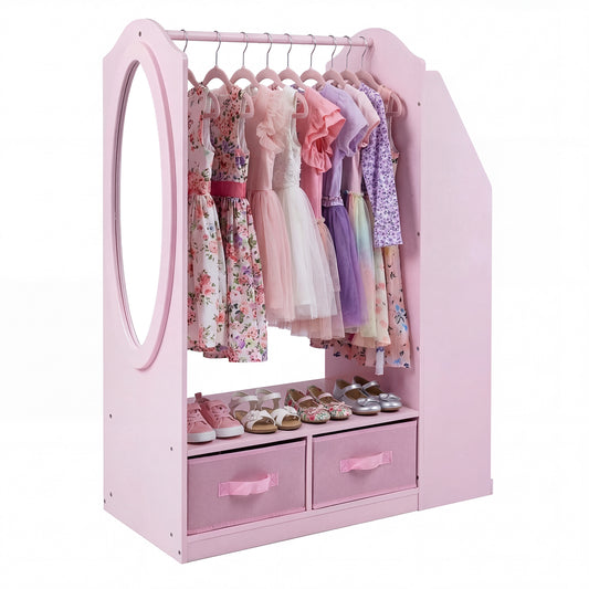 Kids Wardrobe with a full-length mirror, hanging rail, shoe shelf and two fabric storage drawers