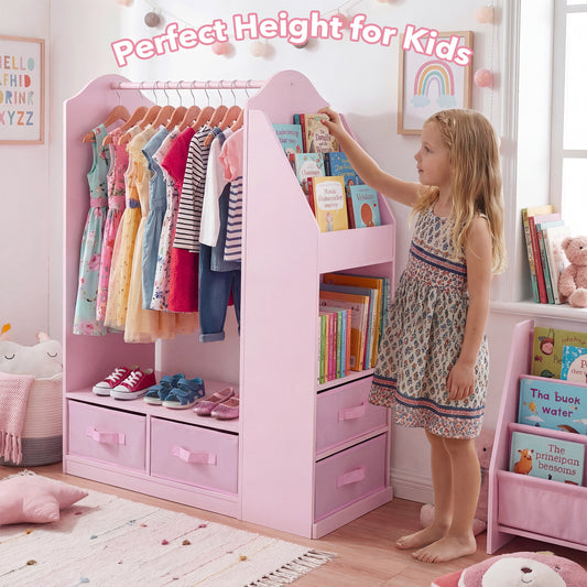 The kids storage unit in a bedroom with a girl choosing a book from the integrated bookshelf