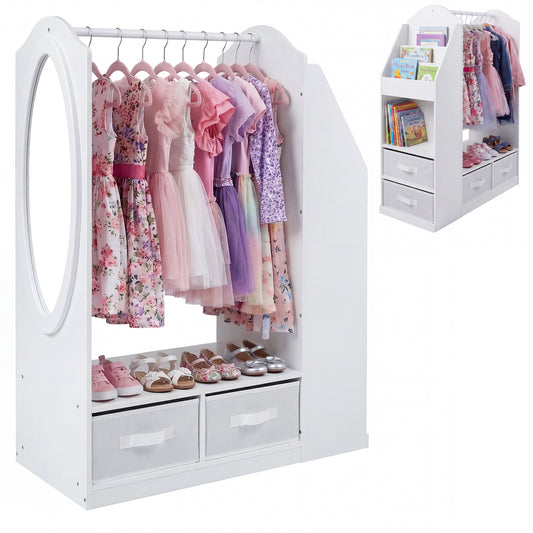Kids Wardrobe with a full-length mirror, hanging rail, shoe shelf, and two fabric storage drawers