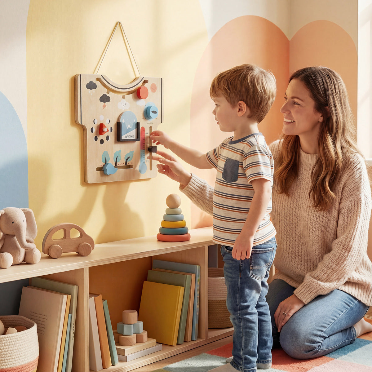 Mother and child playing with the wooden calendar about season and lunar phase in a nursery