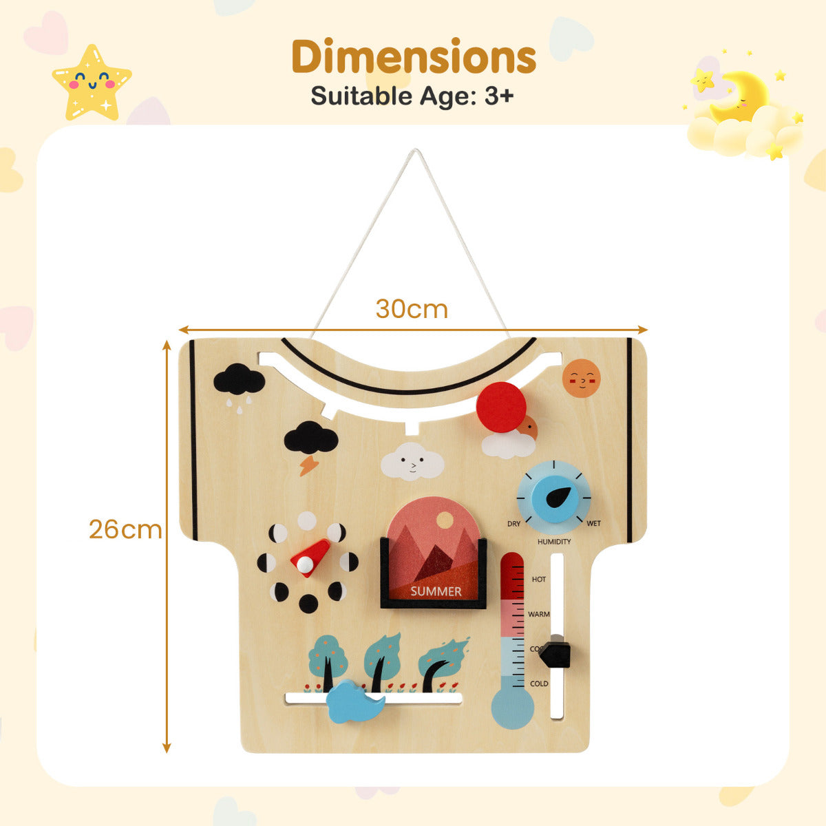 Wooden calendar about season and lunar phase with dimensions shown