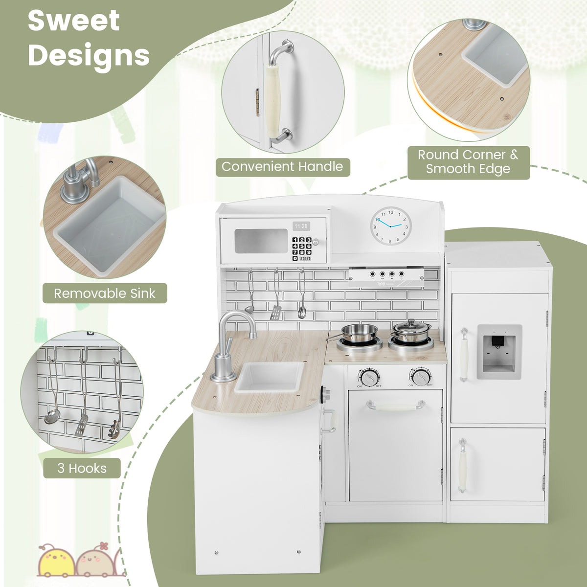 Close up of the white wooden corner play kitchen showing sink, hob and accessories