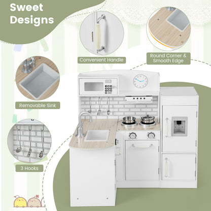 Close up of the white wooden corner play kitchen showing sink, hob and accessories