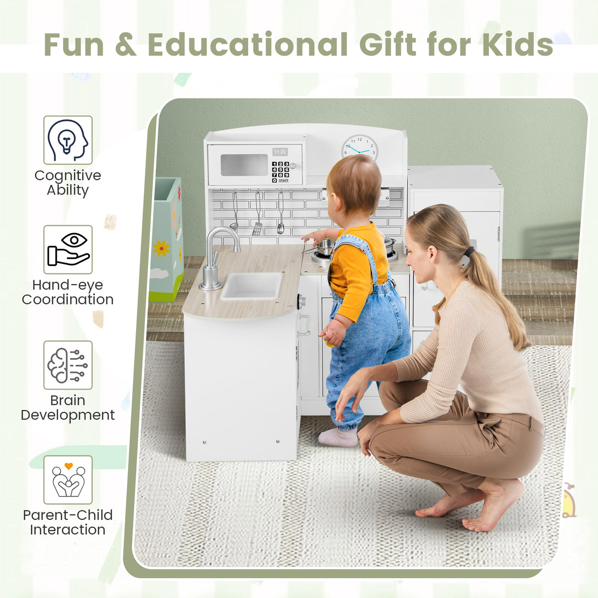 A mother and child interacting with the wooden corner play kitchen, highlighting fun and learning