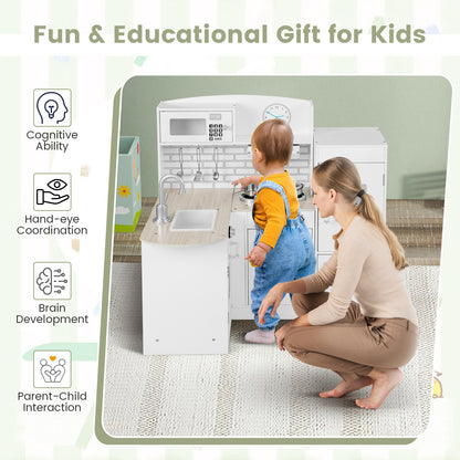 A mother and child interacting with the wooden corner play kitchen, highlighting fun and learning