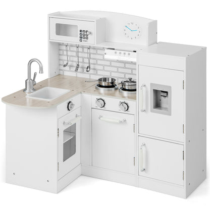 Kid's Wooden Corner Play Kitchen with Ample Accessories, a white play kitchen with oven, hob, sink and fridge