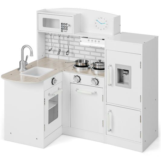 Kid's Wooden Corner Play Kitchen with Ample Accessories, a white play kitchen with oven, hob, sink and fridge