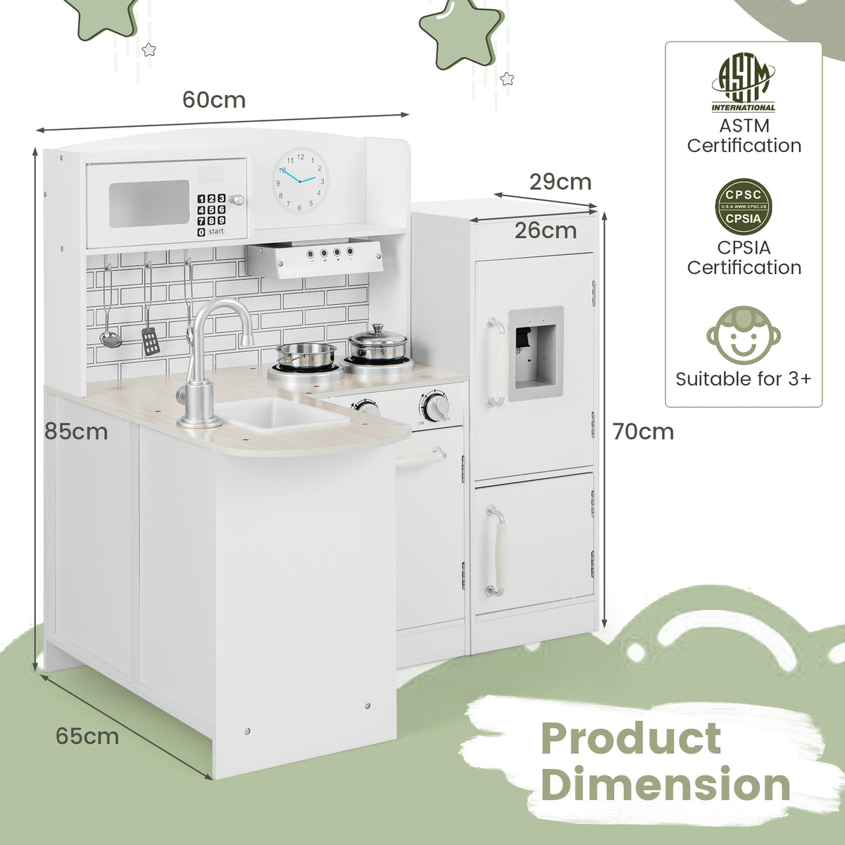 Dimensions of the white wooden corner play kitchen set, showing height, width and depth