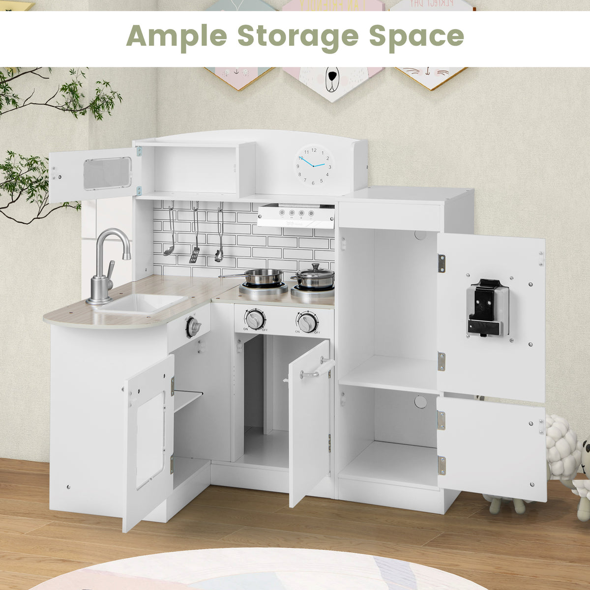 The white wooden corner play kitchen with doors open showing storage space inside