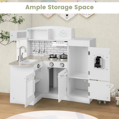 The white wooden corner play kitchen with doors open showing storage space inside