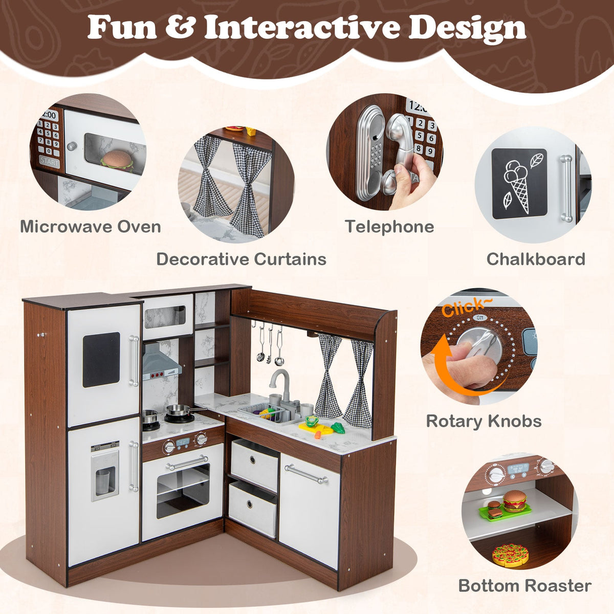 The play kitchen set with circular insets highlighting the microwave, curtains, and knobs