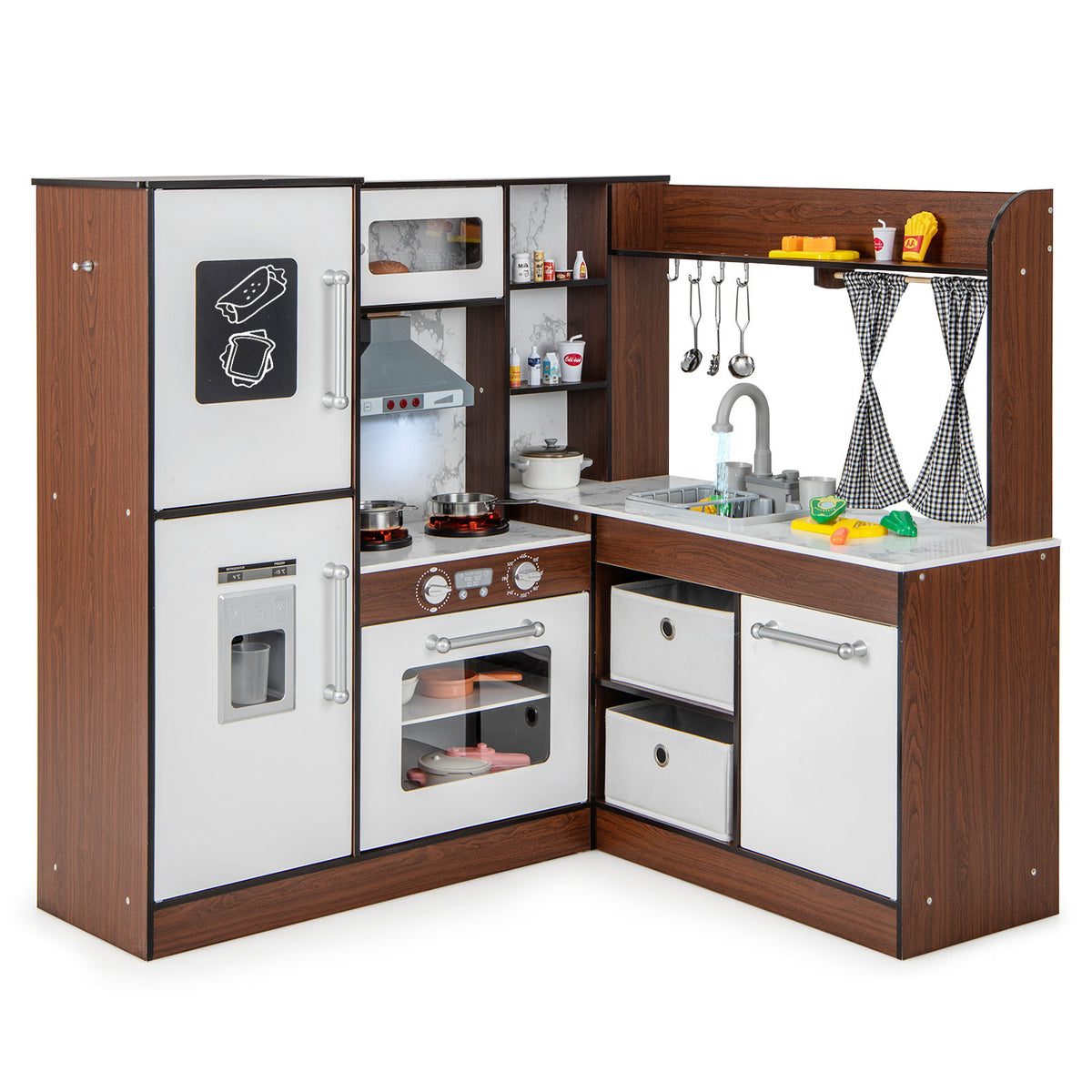 Kids Wooden Corner Play Kitchen with a fridge, stove, sink, and storage bins in a brown wood finish