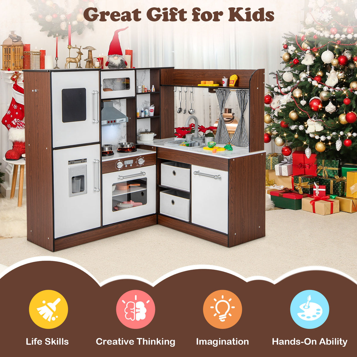 The play kitchen set displayed in a festive room decorated for Christmas with gift boxes