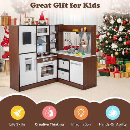 The play kitchen set displayed in a festive room decorated for Christmas with gift boxes