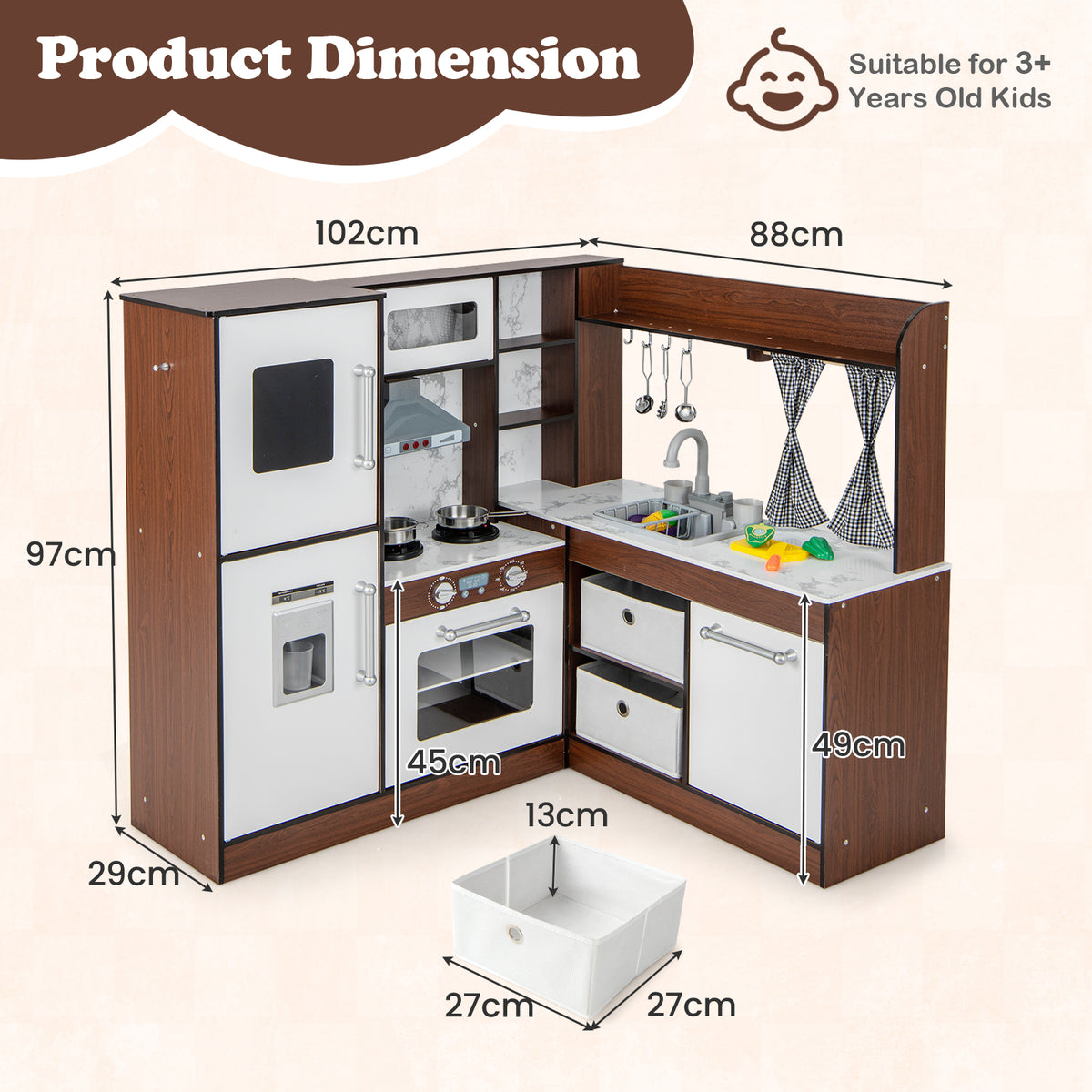The play kitchen set with labels showing the height, width, and depth of the wooden unit
