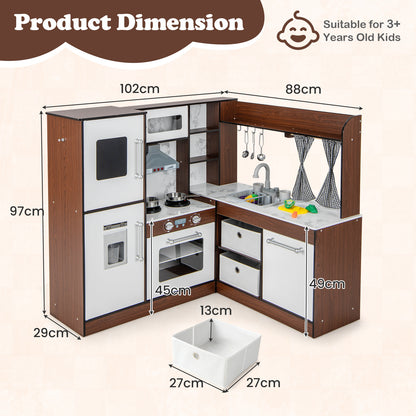 The play kitchen set with labels showing the height, width, and depth of the wooden unit