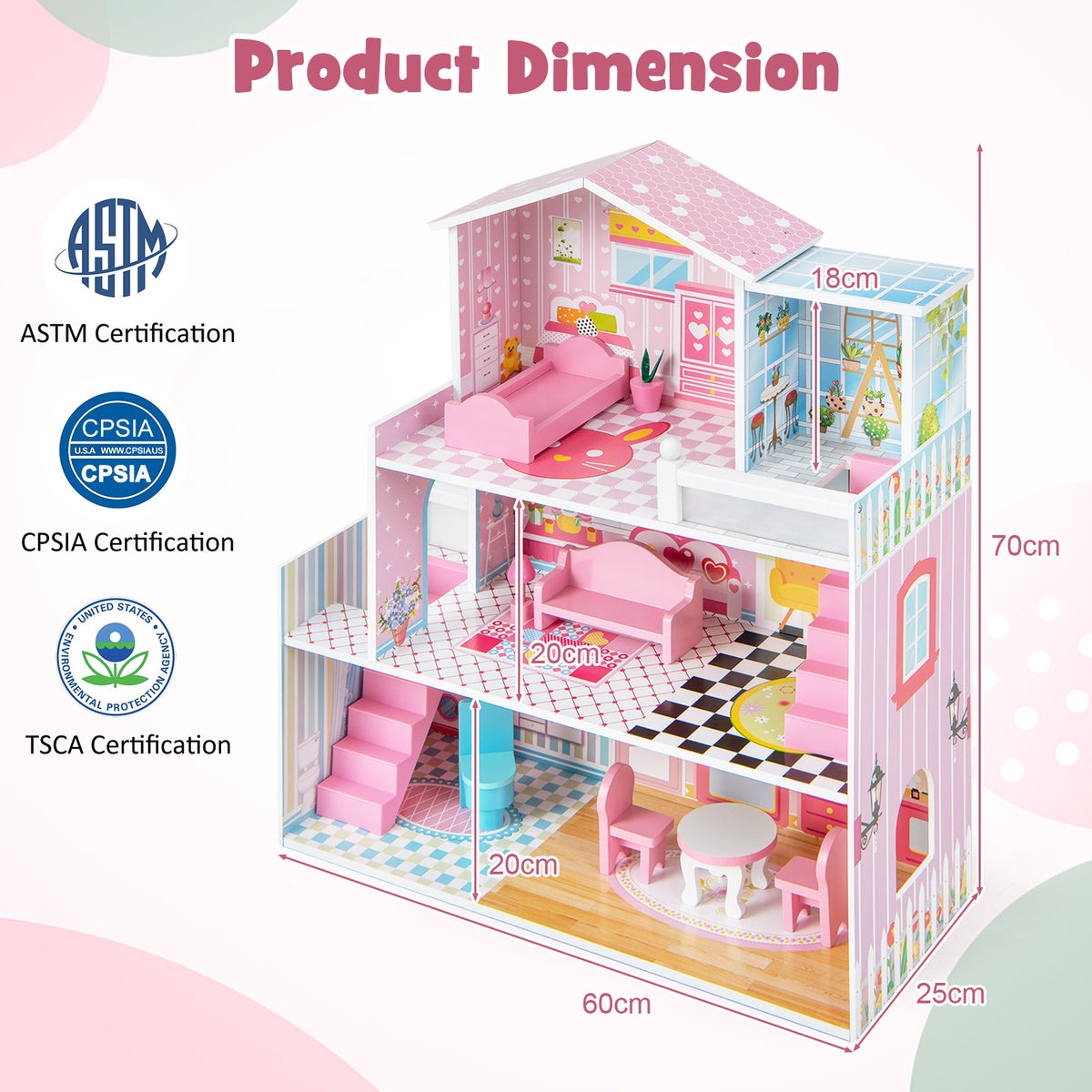 Product dimension diagram showing the pink wooden playhouse with measurements