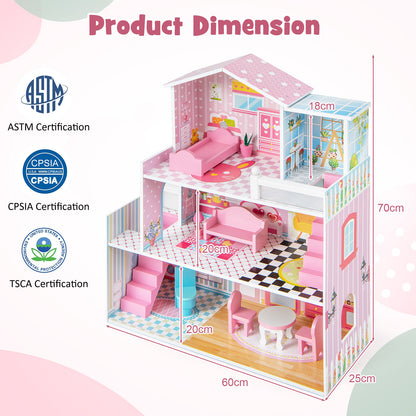 Product dimension diagram showing the pink wooden playhouse with measurements