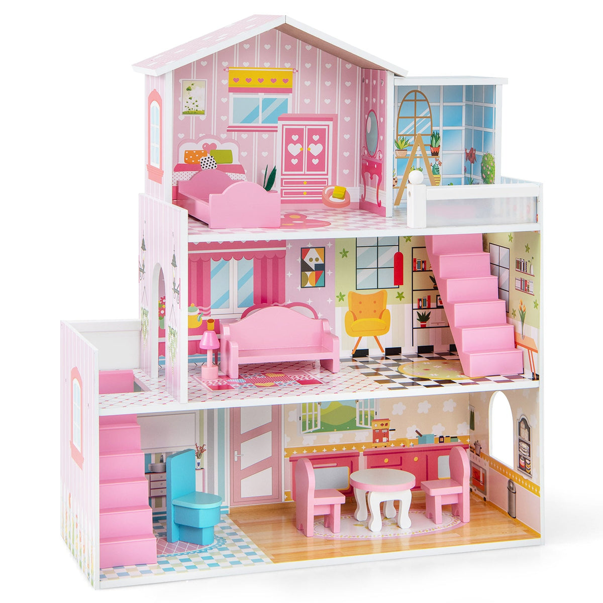 Kids Wooden Dollhouse DIY Pretend, a pink three-story playhouse with furniture and accessories