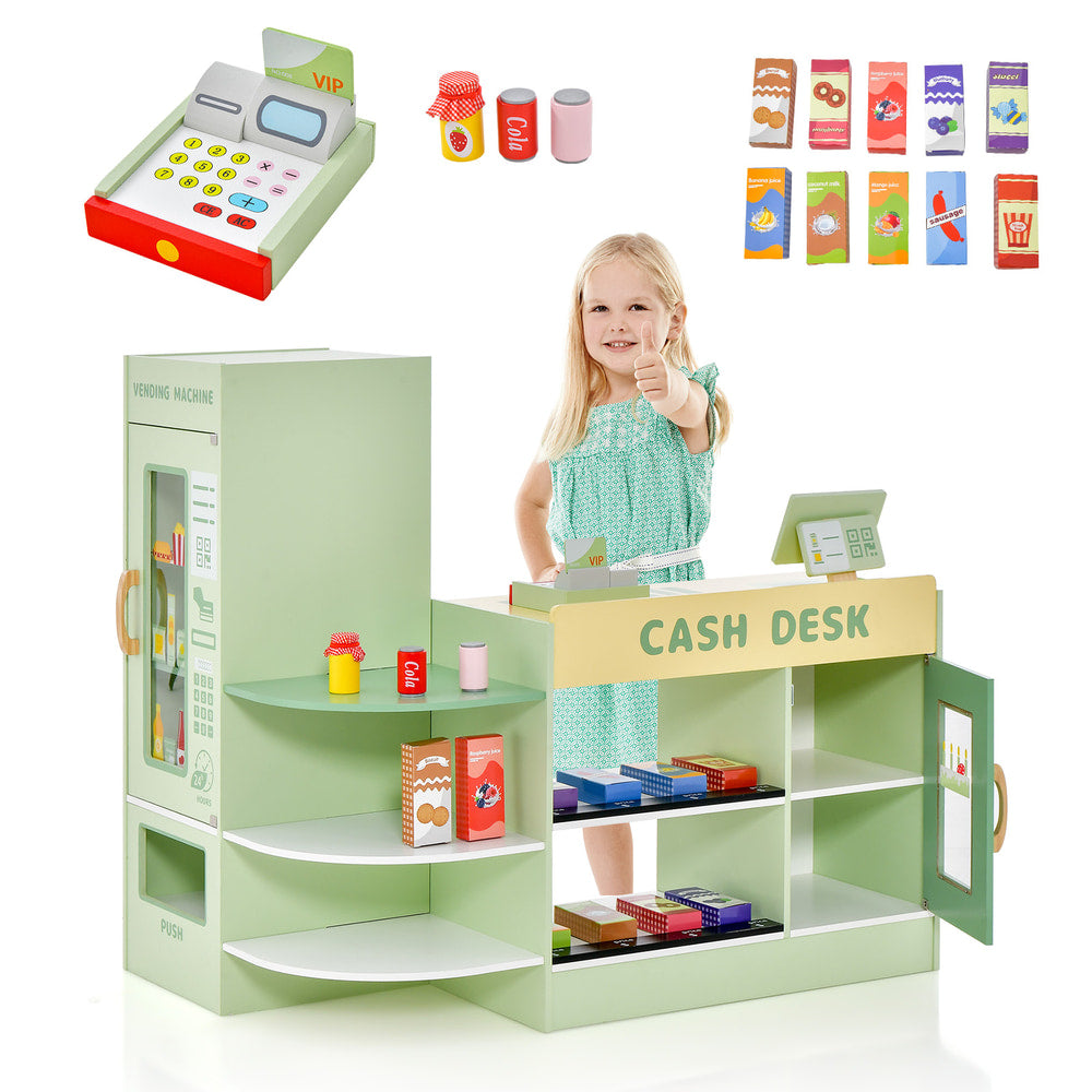 Wooden grocery store play set with toy cash register and food items
