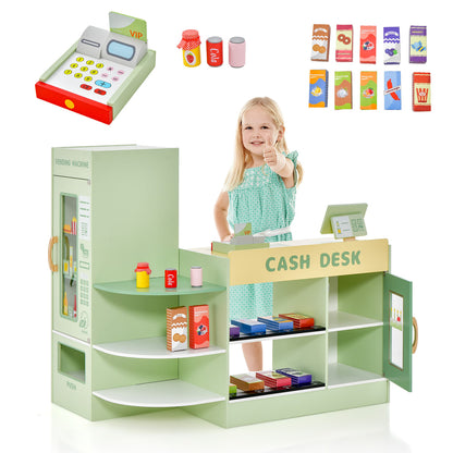 Wooden grocery store play set with toy cash register and food items