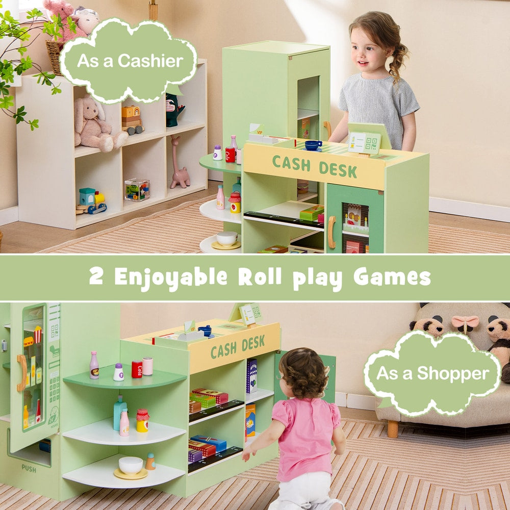 Two children enjoying role play games with the wooden grocery store play set