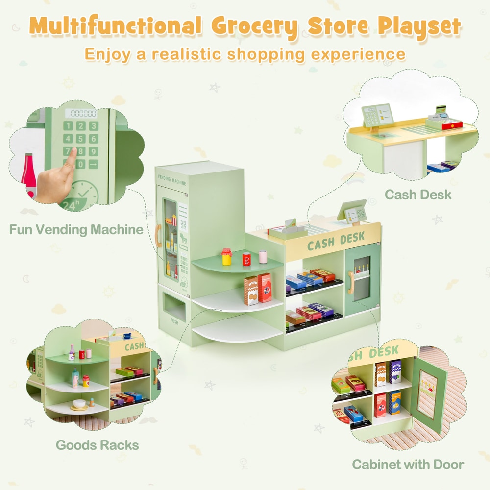 Multifunctional grocery store playset showing different sections and features