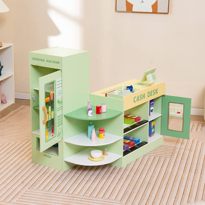 Green wooden grocery store play set with shelves stocked with toy food items