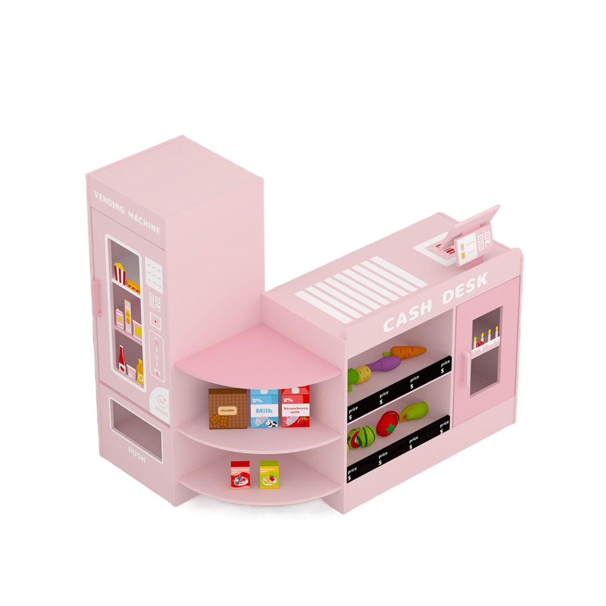 Kids Wooden Grocery Store Supermarket Play Toy Set in pink with a cash desk and vending machine sections