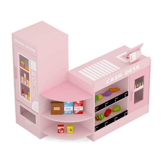 Kids Wooden Grocery Store Supermarket Play Toy Set in pink with a cash desk and vending machine sections