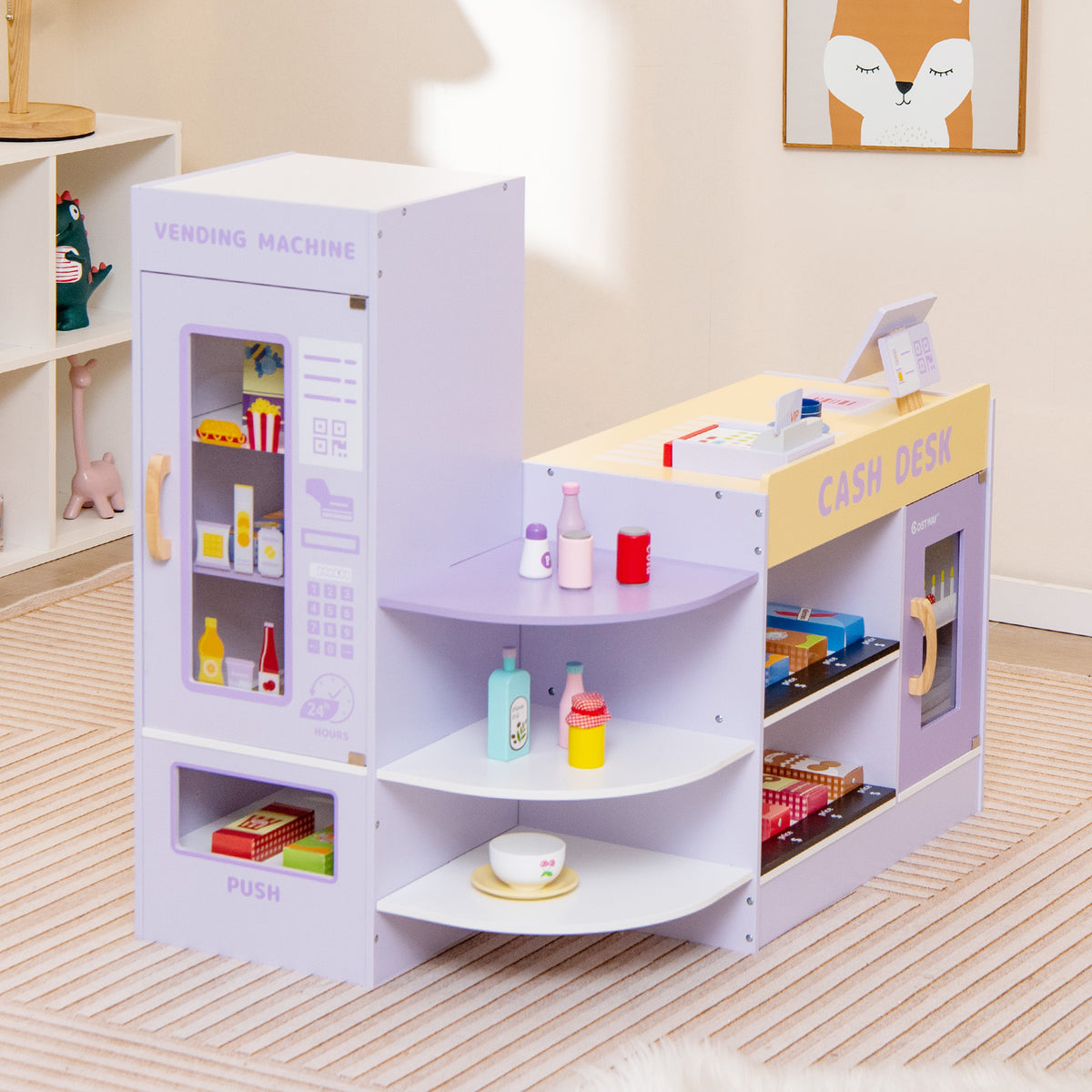 Purple wooden grocery store play set with cash desk and vending machine, stocked with pretend food