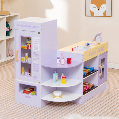 Purple wooden grocery store play set with cash desk and vending machine, stocked with pretend food