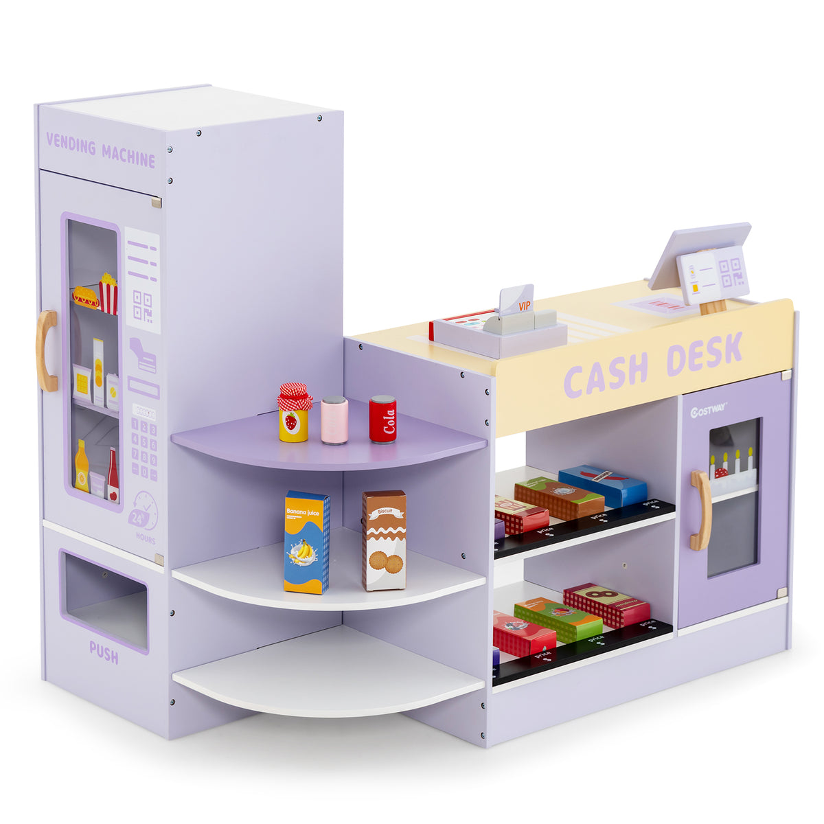 Kids Wooden Grocery Store Supermarket Play Toy Set in purple with a cash desk and vending machine