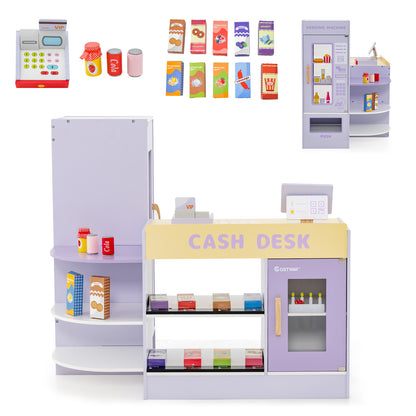 All the parts and accessories included with the purple wooden grocery store play set