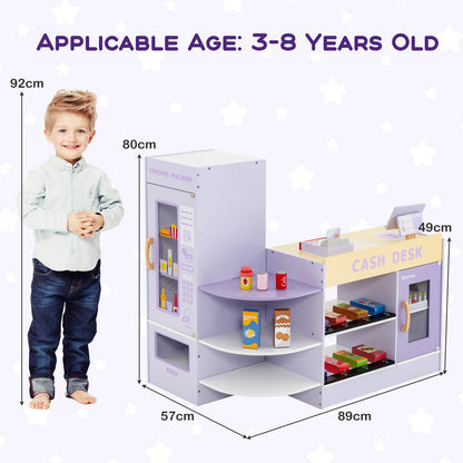 Size comparison of the purple wooden grocery store play set with a child, showing dimensions