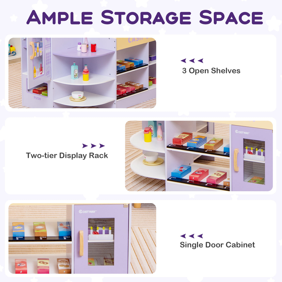Storage features of the wooden grocery store play set, including open shelves and a cabinet