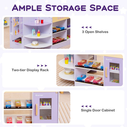 Storage features of the wooden grocery store play set, including open shelves and a cabinet