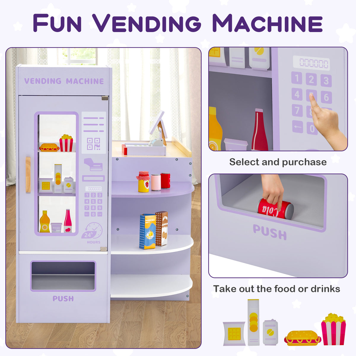 Close up of the vending machine section of the play grocery store, showing how to select and purchase items