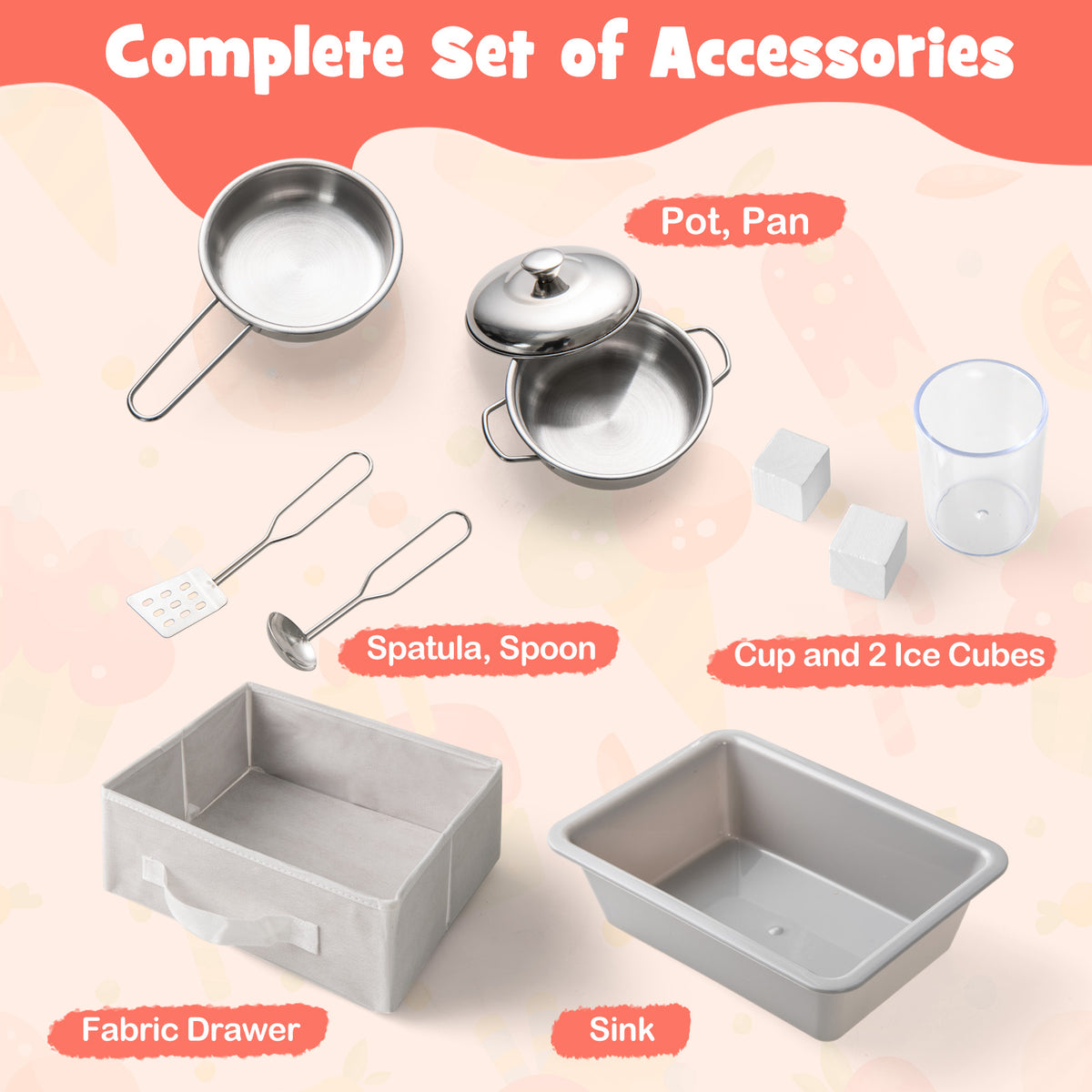 Accessories included with the white wooden kitchen playset, including pots and a sink