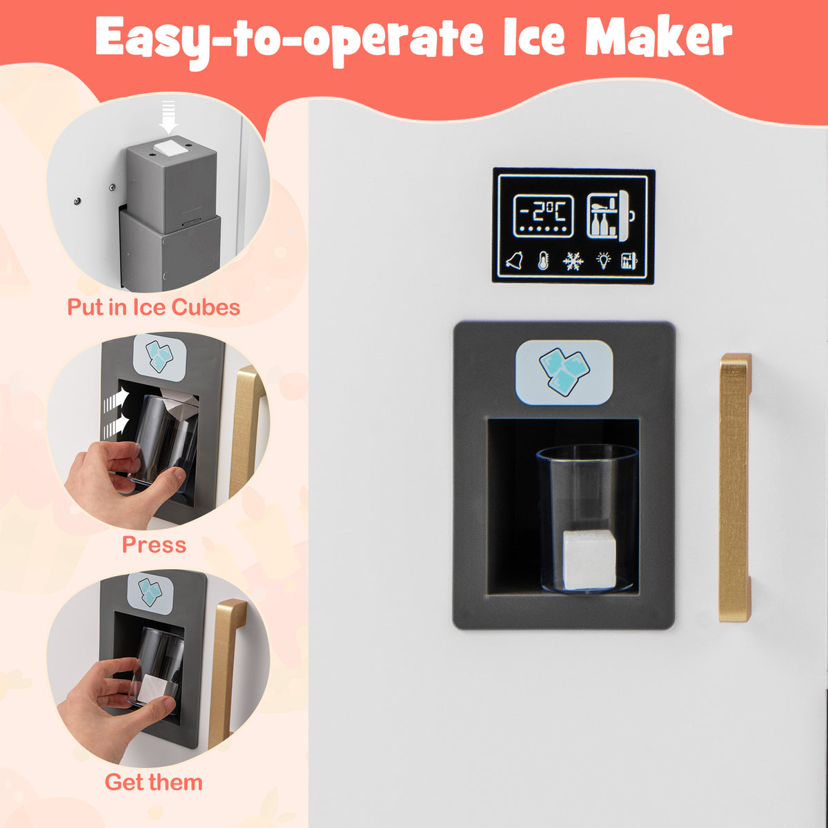 Close up of the ice maker function on the white wooden kitchen playset