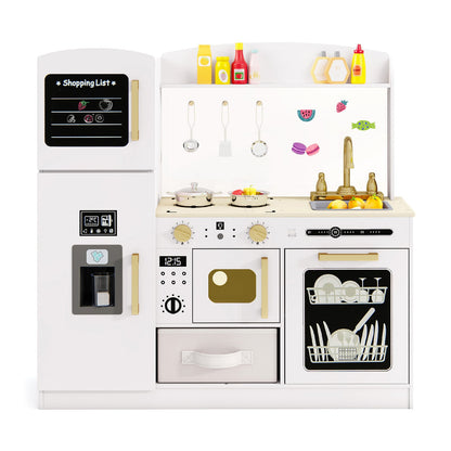 Kids Wooden Kitchen Playset Pretend Play with chalkboard and ice maker in white