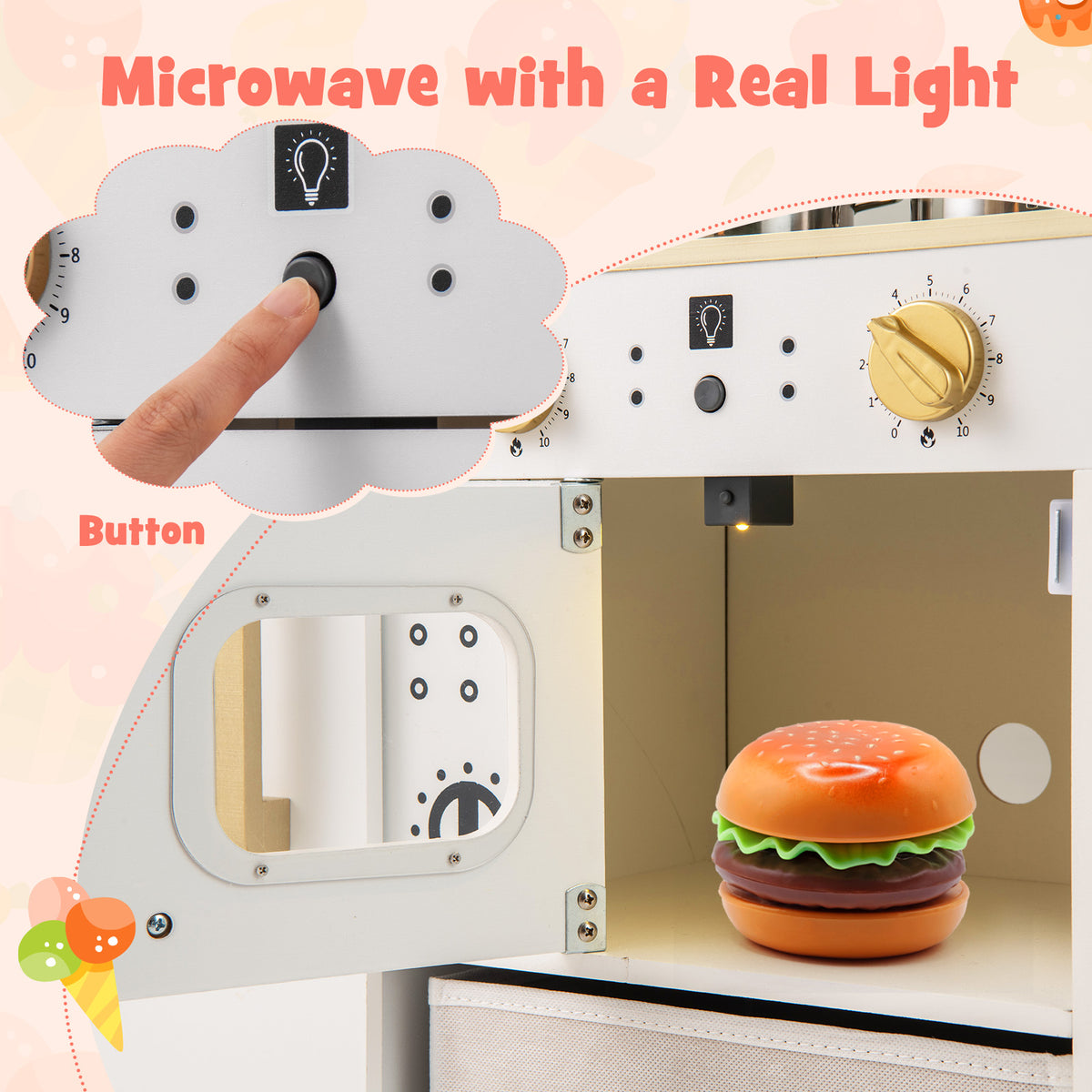 Close up of the microwave with a light and a toy burger inside the white wooden kitchen playset
